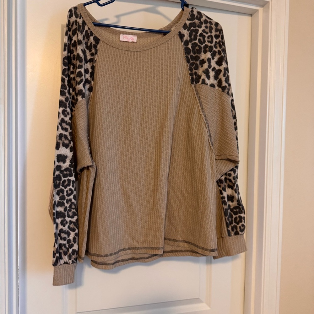 Pink Lily Tan Boxy Long Sleeve Sweatshirt